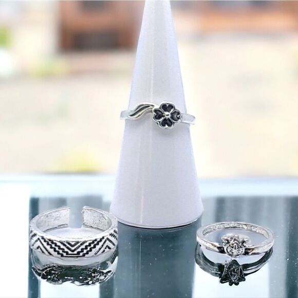 3 pc Set Stackable Gypsy Boho Knuckle Rings Turtle Floral Silver Zinc Alloy - Picture 3 of 7